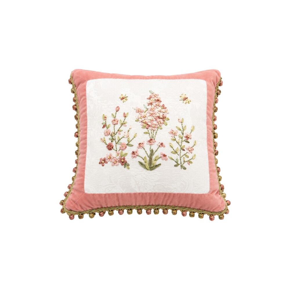Botanical Embroidered Accent Pillow Pink Velvet Tassel Fringe